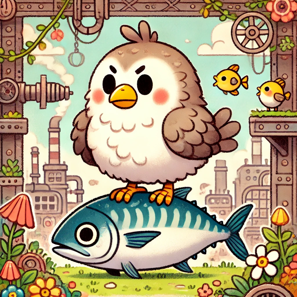 DALL·E 2025-01-22 17.19.11 - A whimsical and adorable illustration featuring a cute but dominating bird towering over a smaller, anthropomorphized mackerel (saba) in a playful, ca